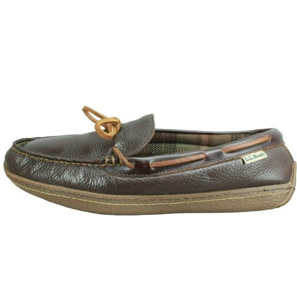 LL Bean Brown Leather Slip On Plaid Lined Handsewn Moccasin Slippers Size 10 M - Picture 1 of 9
